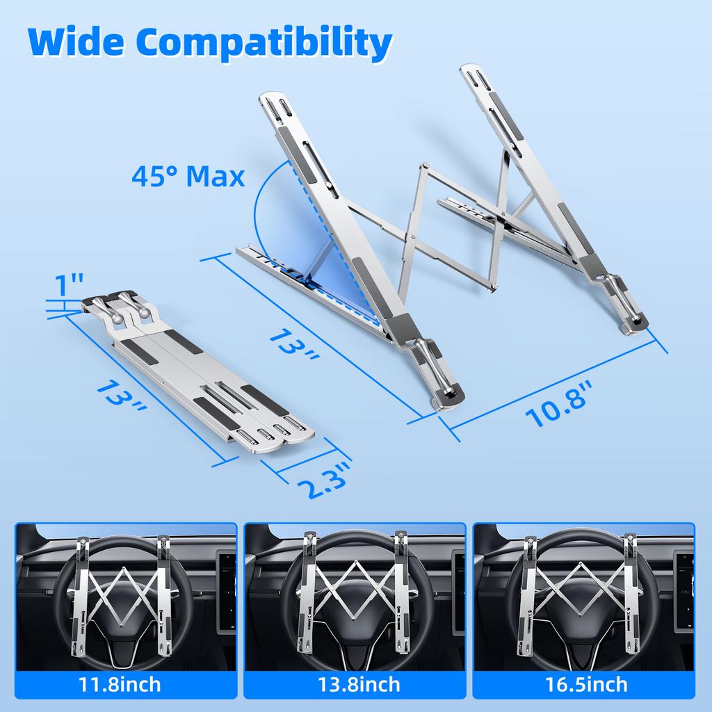 Eary Foldable Car Laptop Mount for Steering Wheel Holder 5 Height Adjustable Metal Notebook Tablet Stand Travel Car Accessories