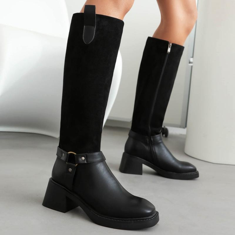 Vintage Knee High Boots Women 2024 Autumn Winter Warm Boot Female Black Low Heels Riding Boot Footwear Shoes Designer Buckle