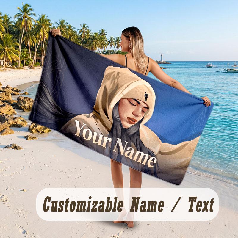 Custom Name Large Beach Towel,Billie Eilish Quick Absorbent Towel For Outdoor Travel Poolside