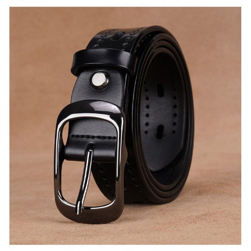 Womens Genuine Leather Belt With Hollow Design Slim Width 2-4cm Adjustable Length Black Coffee Business Casual Pants Jeans