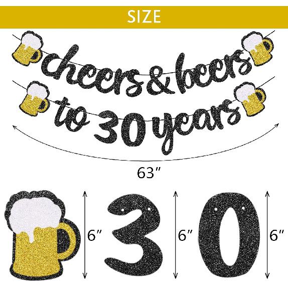 30th Birthday Decorations - Cheers and Beers to 30 Years Banner, Happy 30th Birthday Banner Sign Pre-Strung, Anniversary Party Supplies (Black Gold)