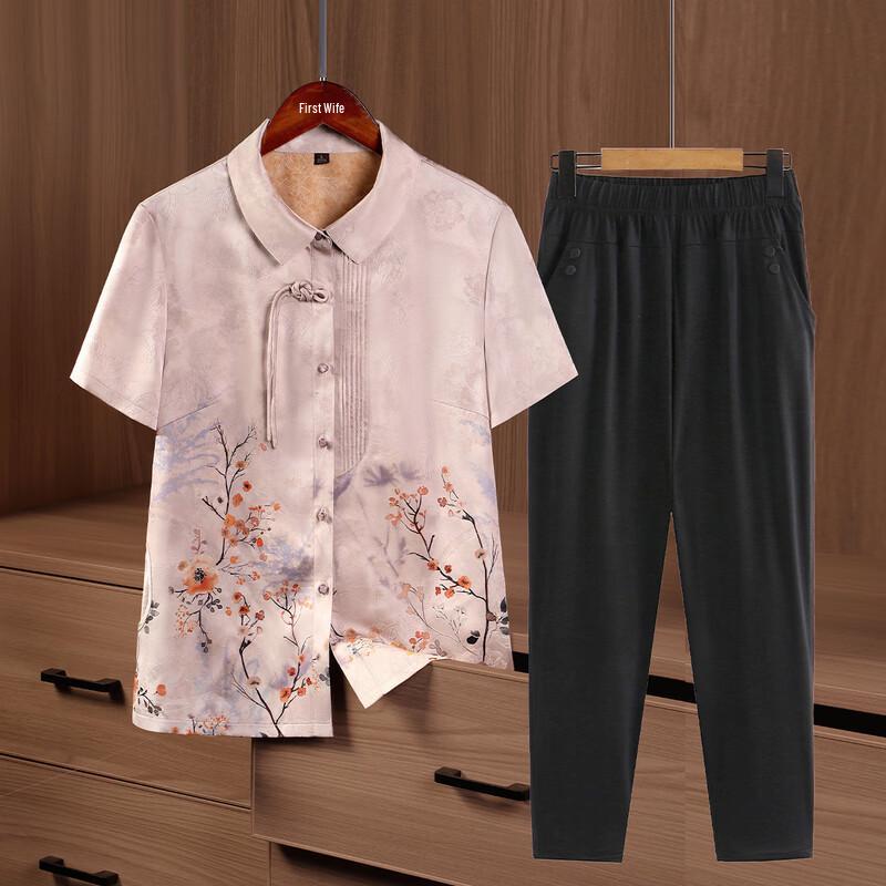 

Tang Lady Summer Floral Print Two-Piece Shirt Set 4XL