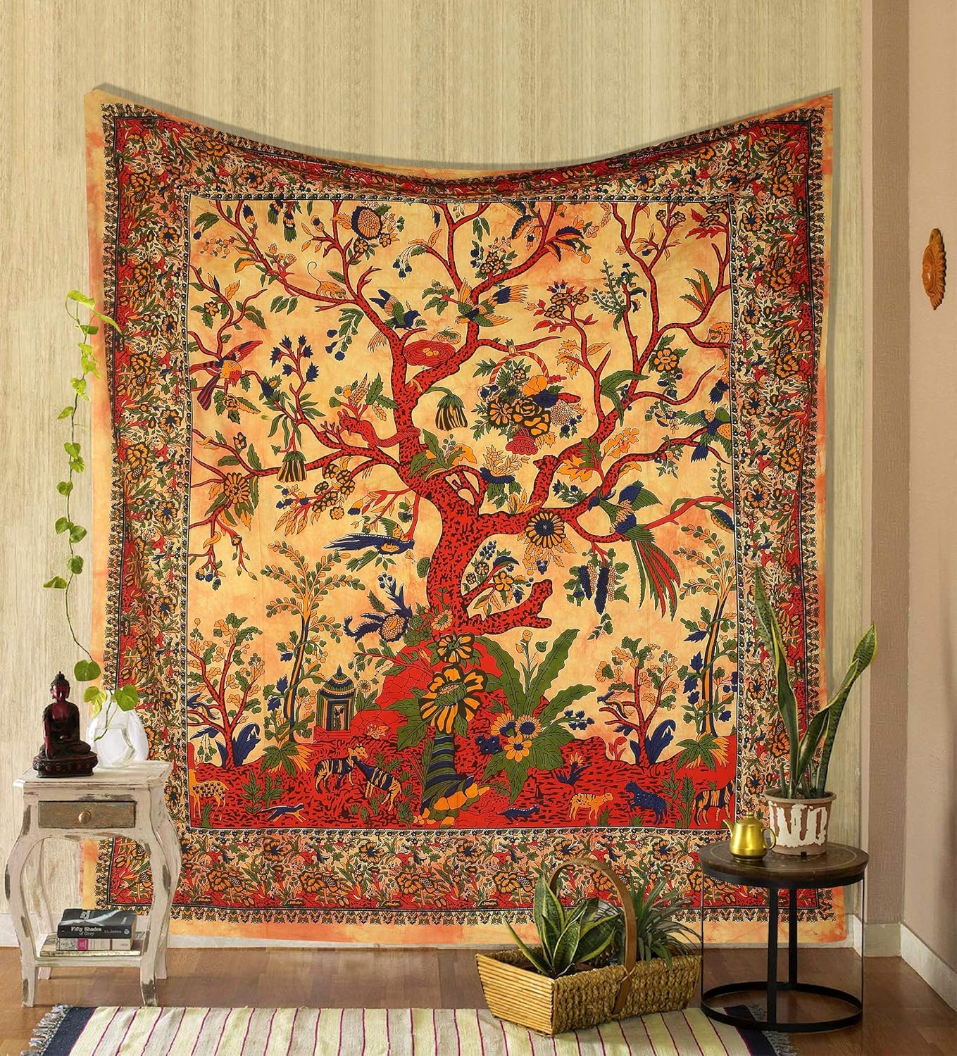 

Indian Tree of Life Tapestry Boho Wall Art Multicolor Floral Design Ethnic Decor for Home Living Room Bedroom Yoga Space 70x100cm28x39in