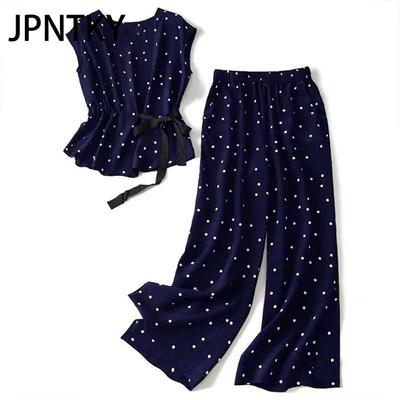 JPNTKY Summer Fashion Chiffon Two-piece Set, Waist-cinching, Slimming, Polka Dot Top and Wide-leg Pants Set