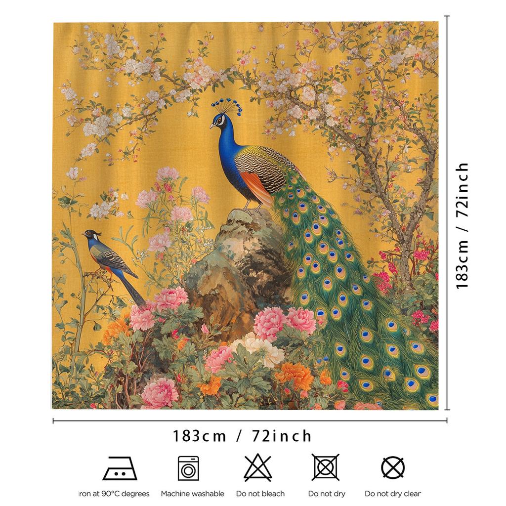 1-Pack Bright Peacock and Floral Print Shower Curtain - Polyester, Machine Washable, Elegant Bathroom Decor for All Seasons