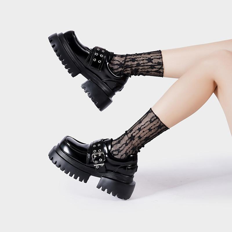 Spring Autumn Patent Leather Rivet Metal Buckle Platform Wedges Women Flats Shoes Casual Thick Bottom Loafers Shoes