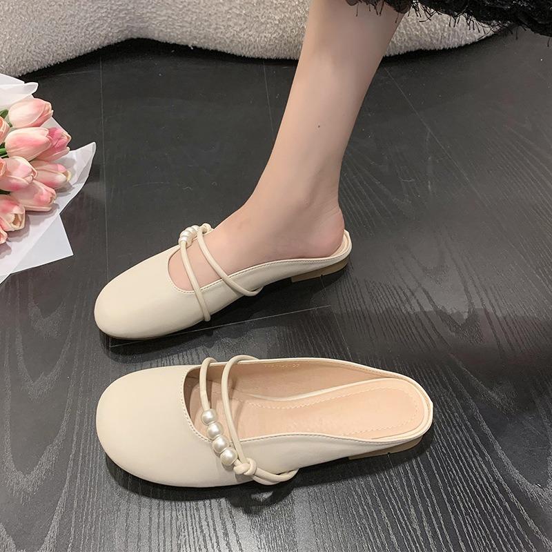 Spring New One-pedal Gentle Temperament Pearl Bag Head Half Slippers Women's Skirt Outer Single Shoes