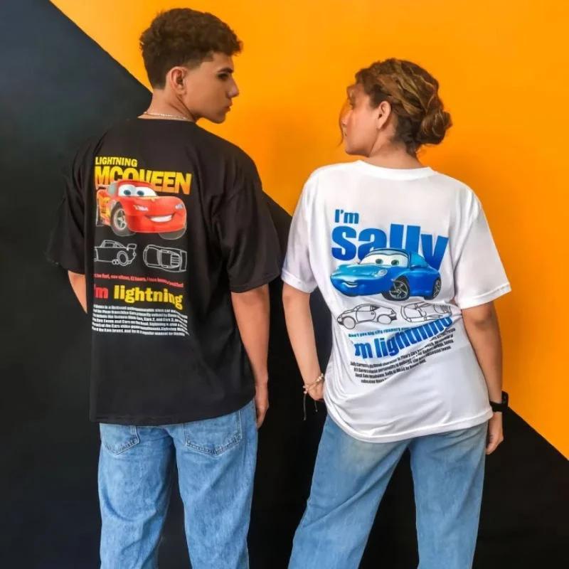 Summer New Lightning Mcqueen and Sally Car Print Men Women T-shirt Sally and Mcqueen Cotton Short Sleeve Tees Casual Couple Tops