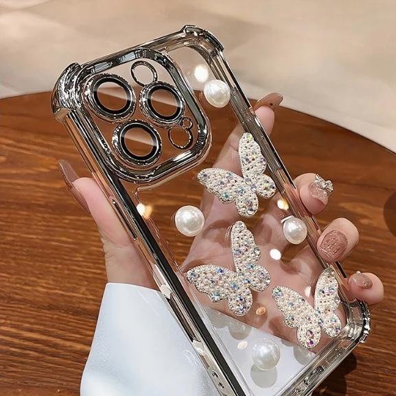3D Pearl Butterfly Shockproof Plating Silicone Case for iPhone 16 16E 15 14 13 12 Mini 11 Pro XS Max XR X 8 7 Plus Cover
