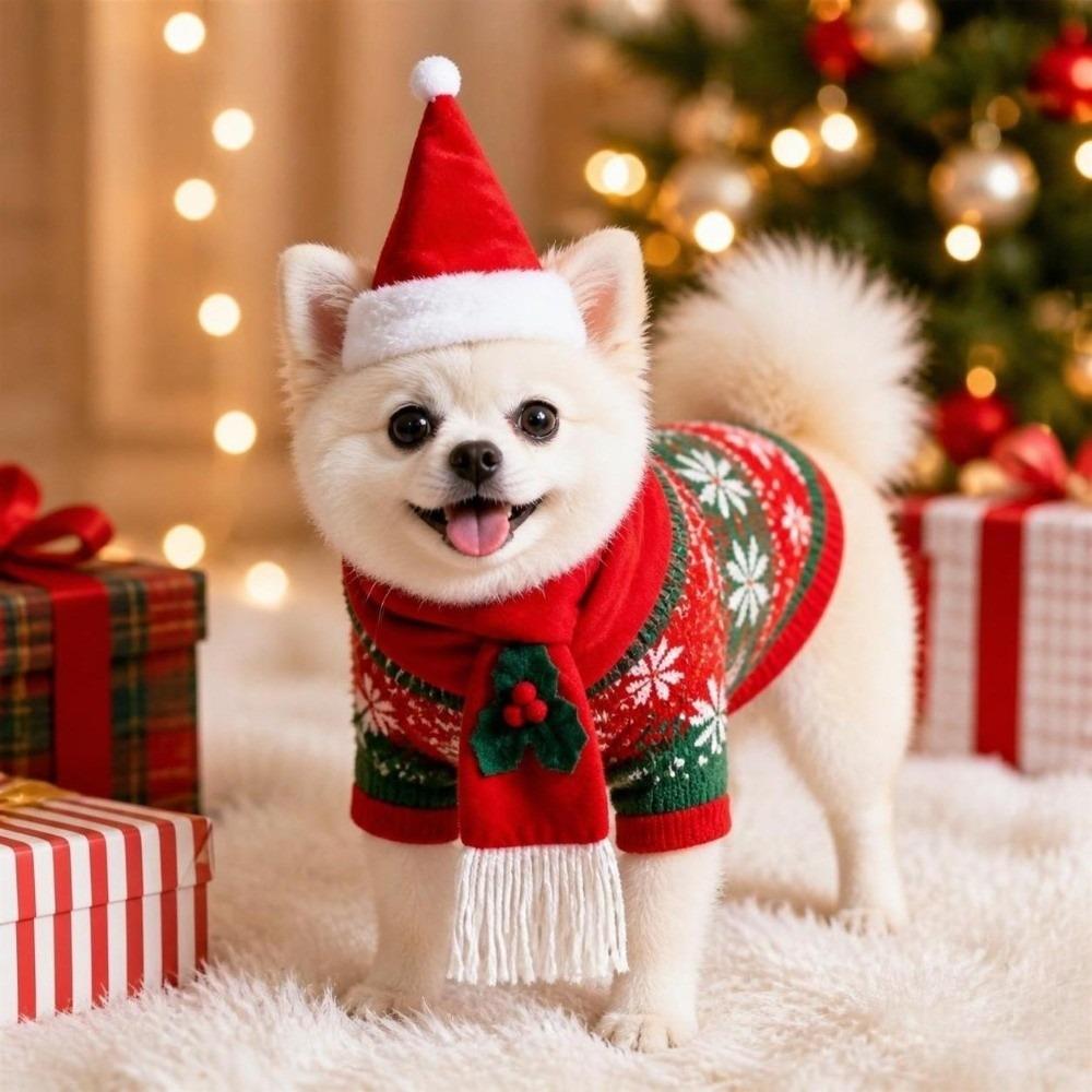 2Pcs/Set Winter Dog Scarf Collar Christmas Cat Scarf Hat Cozy Dog Bandana Scarf  for Small Dogs