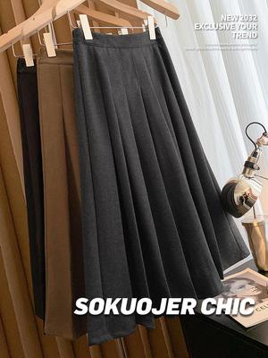 Damen Midirock mit hohem Bund aus Wollmischung: Dick Plissiert, Schlankmachender Koreanischer Stil für Herbst & Winter