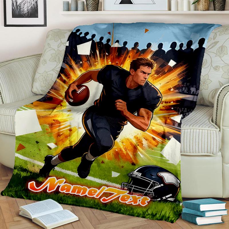 1PC Custom Name Football Player Action outdooor Flannel blankets Throw Blanket All-Season Throw Gift Bedspread for Couch, Bed, Camping Holiday Birthda