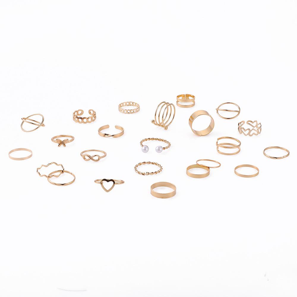 New Fashion Gold Pearl Love Butterfly Cross Hollow Opening 22-piece Suit Ring