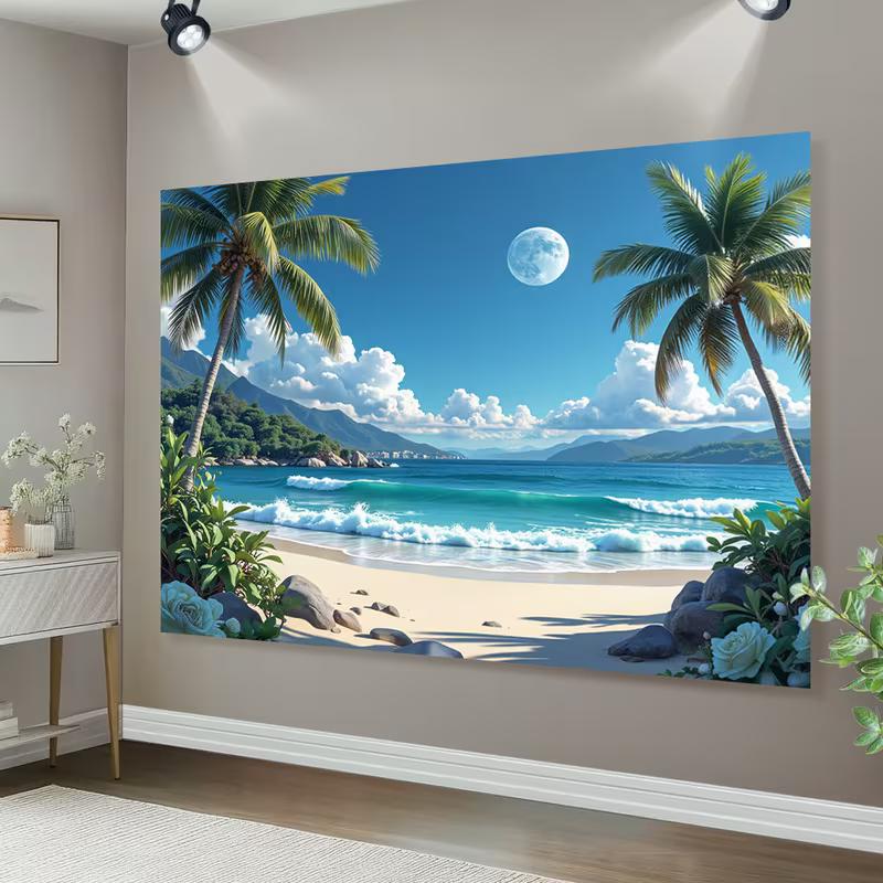 2D Moonlit Ocean Waves and Sand Shore Backdrop Photography Background Banner