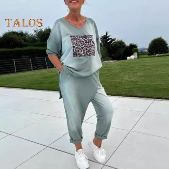 2 Teile/satz Damen Top Hosen Set Rundhals Leopardenmuster Lange Ärmel Schlitz Saum Sweatshirt Elastische Taille Jogginghose Sport Outfit Herbst Lässiger Trainingsanzug