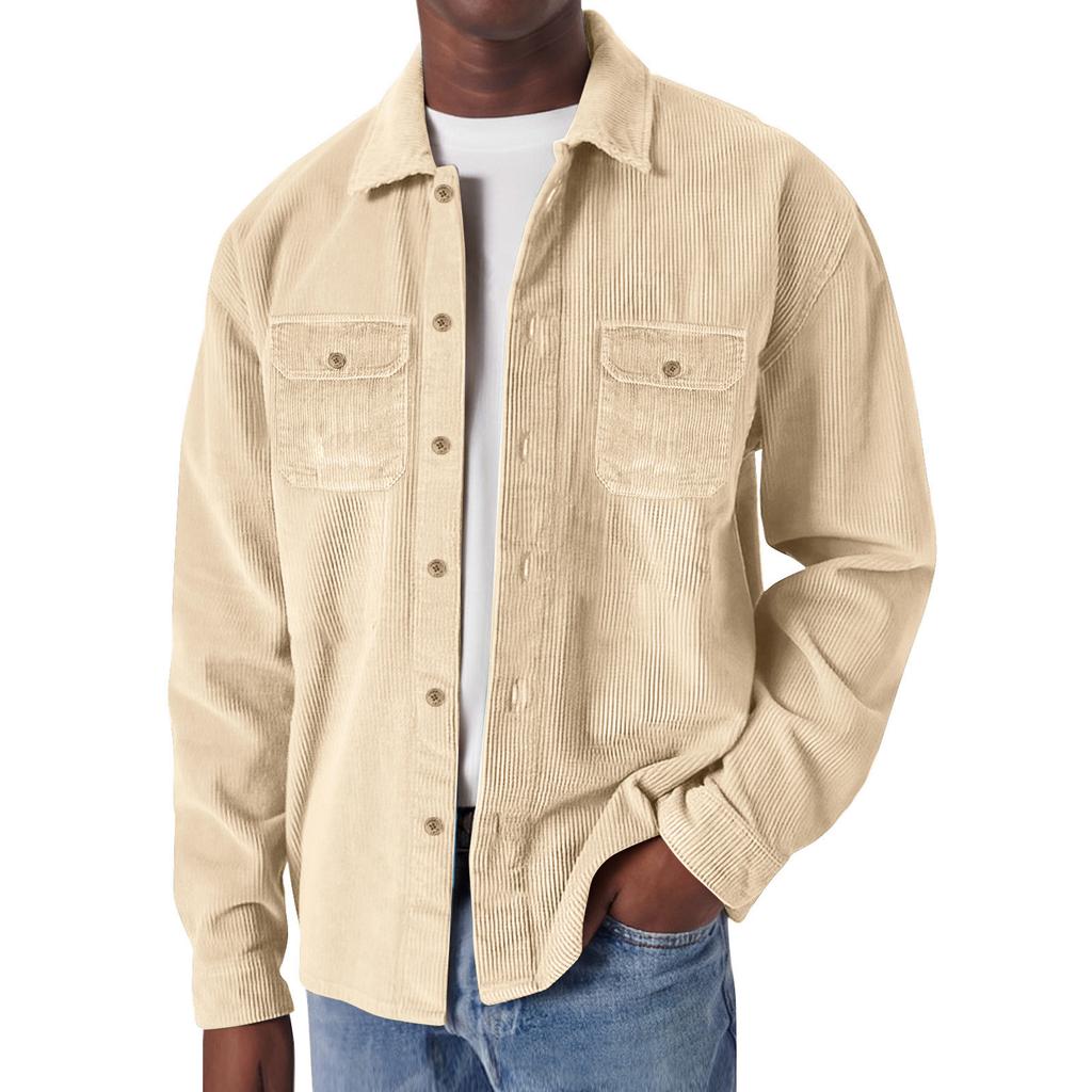 Men's Striped Corduroy Casual Loose Button Lapel Pocket Long Sleeve Shirt