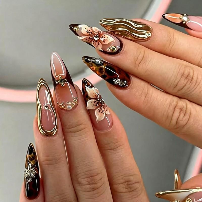 3D Pink Flower Leopard Print Detachable Wearable Nail Tips - European & American Design