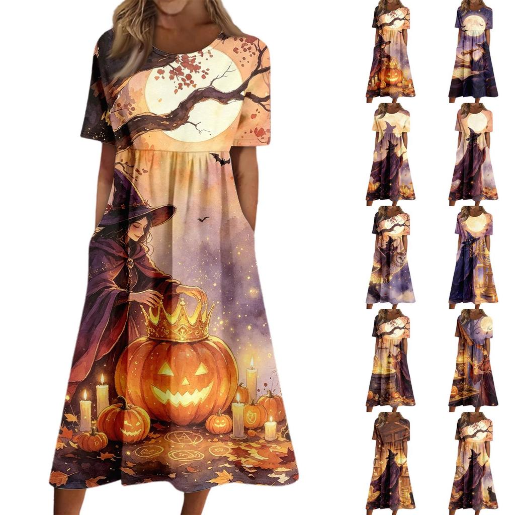 Women's Casual Halloween Print Round Neck Dress with Pockets for Festive Occasions