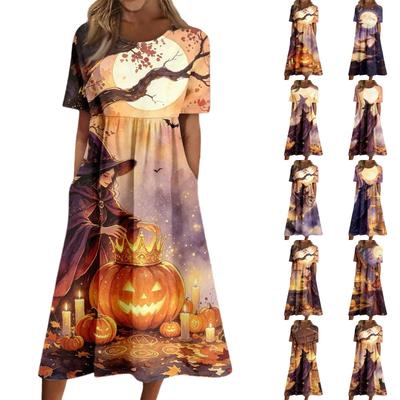Women's Casual Halloween Print Round Neck Dress with Pockets for Festive Occasions