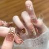 Early Autumn Luxe 3D Peach Heart Rhinestone Pearl Plaid Nails