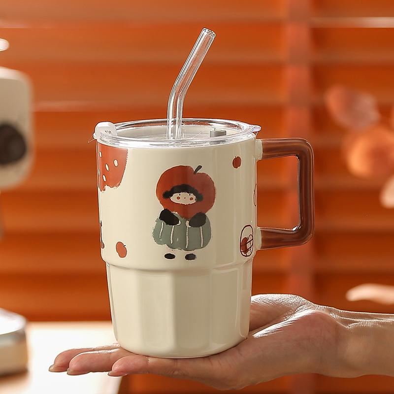 

Couple Ceramic Cup Sets Gift Box 420ml Cute Cartoon Character High Aesthetic Handle Mugs with Lid Straw Birthday Gift to Friends 401-500ml
