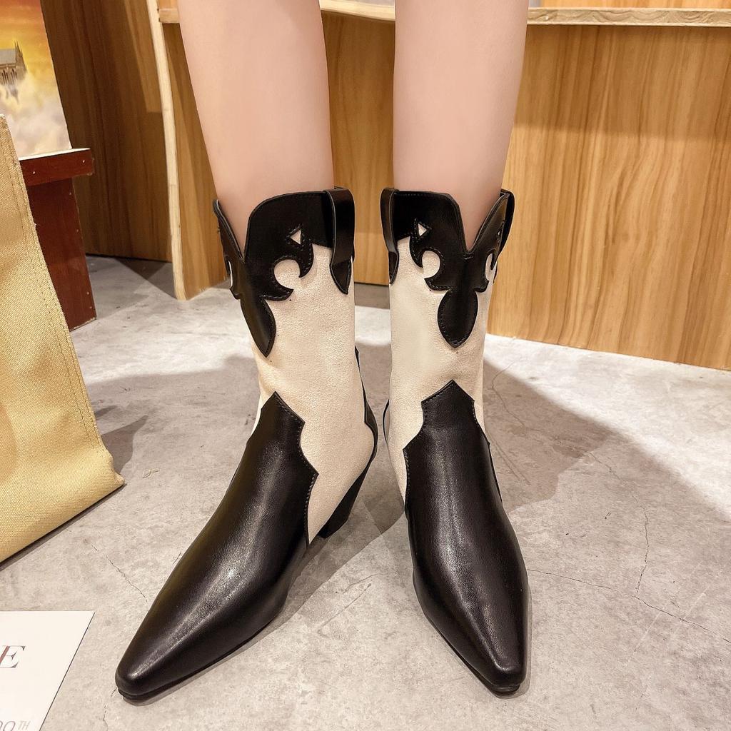 Female Autumn White Cowboy Vintage Western Ankle Short Cowgirl Boots Retro High top Shoes With Heel for Women Girl  Cossacks