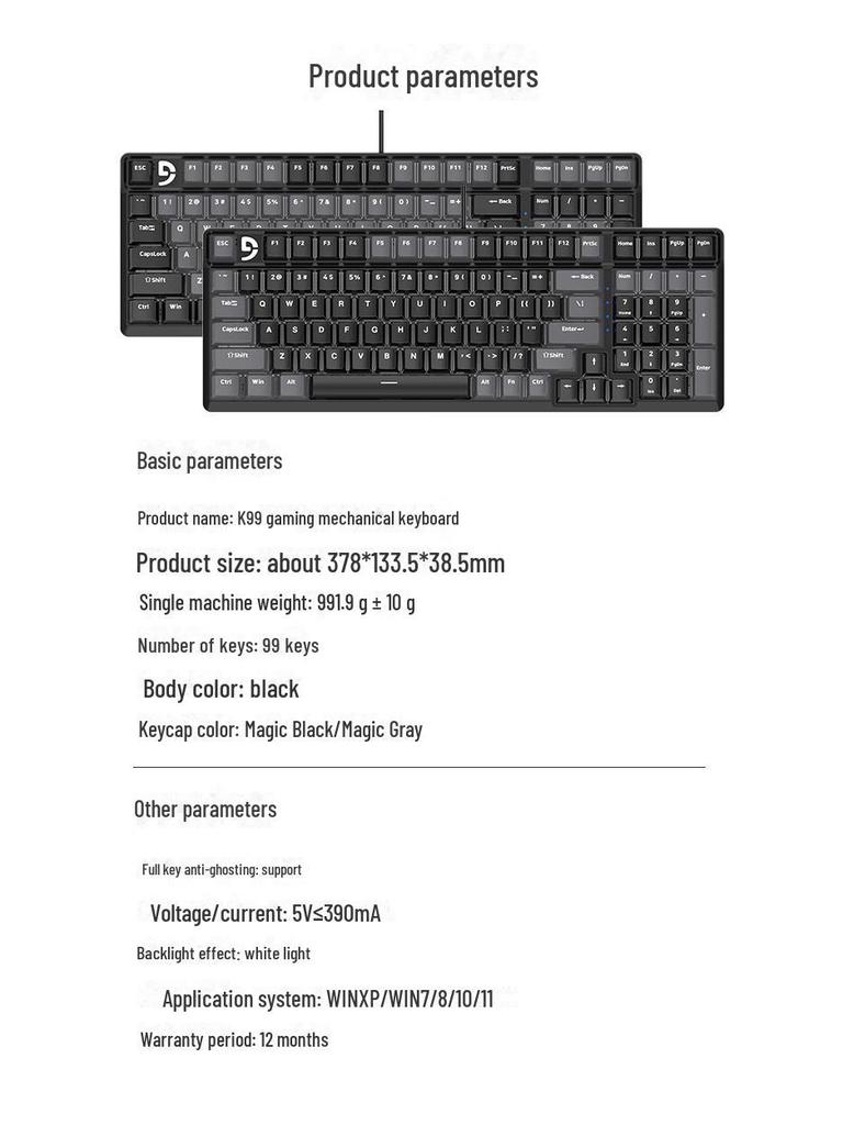 Fuller K99 Kabelová mechanická herní klávesnice: Univerzální klávesnice s 99 klávesami pro stolní počítače, notebooky, kancelář, e-sporty a internetové kavárny.