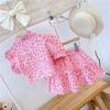 Roupas infantis 2023 verão novas meninas rosa leopardo estampado mangas bufantes camisa curta top e mini saia terno conjuntos de moda infantil