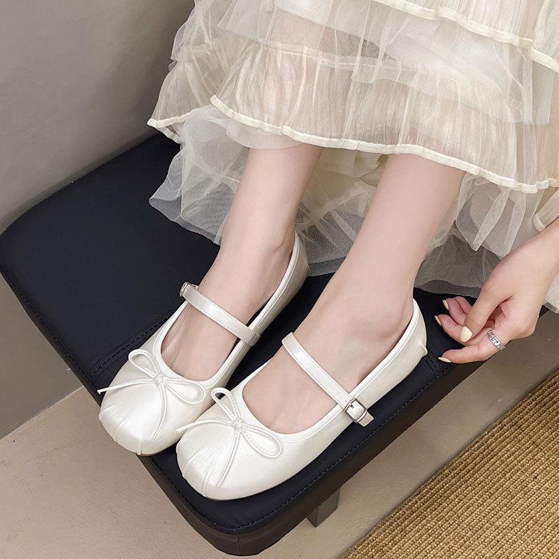 Ballet shoes women's new French one-word with light mouth with skirt single shoes bow flat Mary Jane shoes