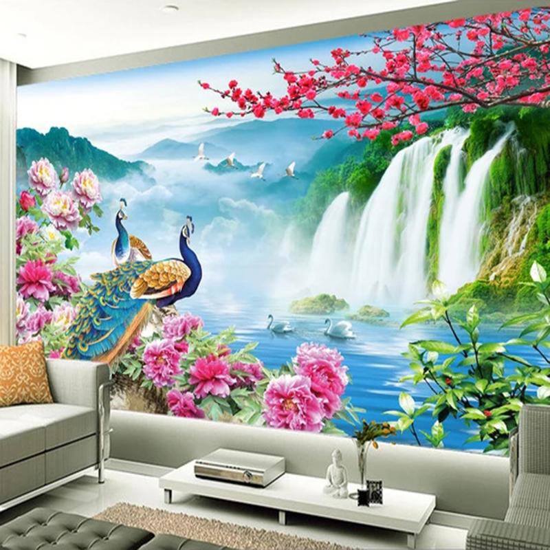3D Wallpaper Wall Mural Peacock Waterfall Nature Landscape Large Mural Wall Paper For Living Room Art Decoration