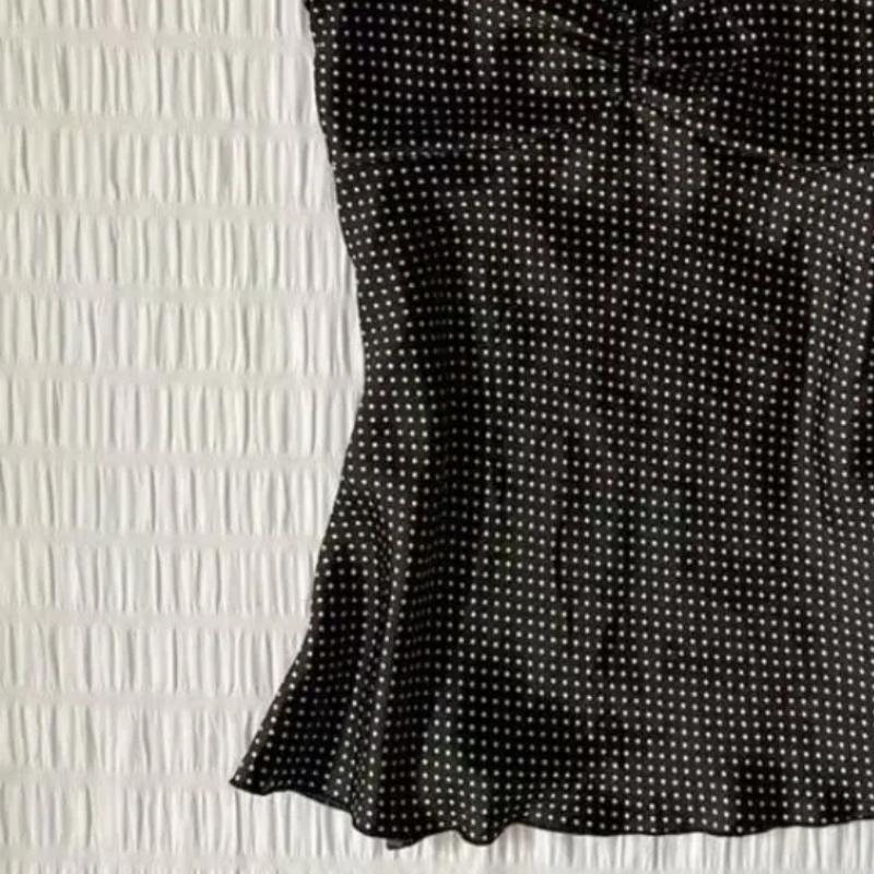 TrendHub Franska Vintage Prickig Camisoleväst Dam Sommar Veckad Ärmlös Y2k Kort Halterneck Toppar Söt Hottie Smal Ytterplagg Linne
