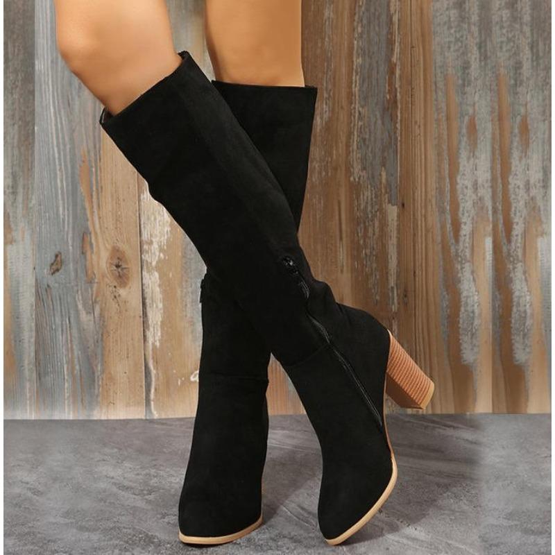 Knee High Heels Women Boots Leather Chunky Fashion Shoes Pointed Toe Snow Long Boots New Designer Pumps Punk Chelsea Botas Mujer