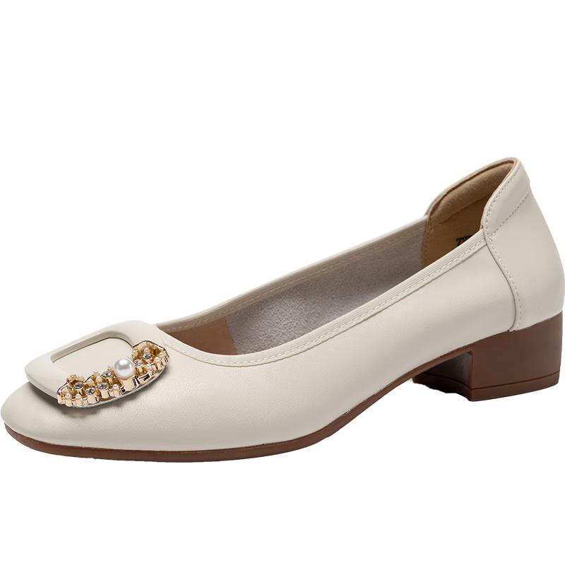 ZHR Women s Genuine Leather Block Heel Slip-On Pumps 39
