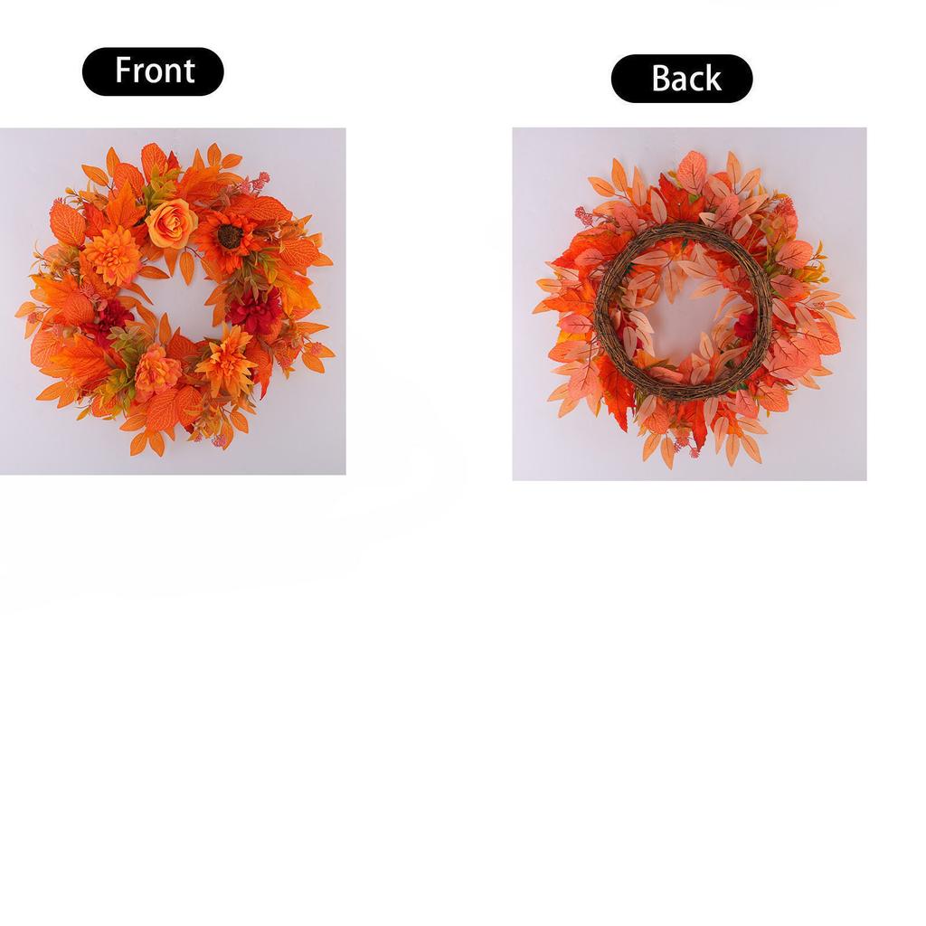 50cm Orange Red Maple Leaf Thanksgiving Door Wreath - Artificial Fall Wreath for Front Door Celebration Decor