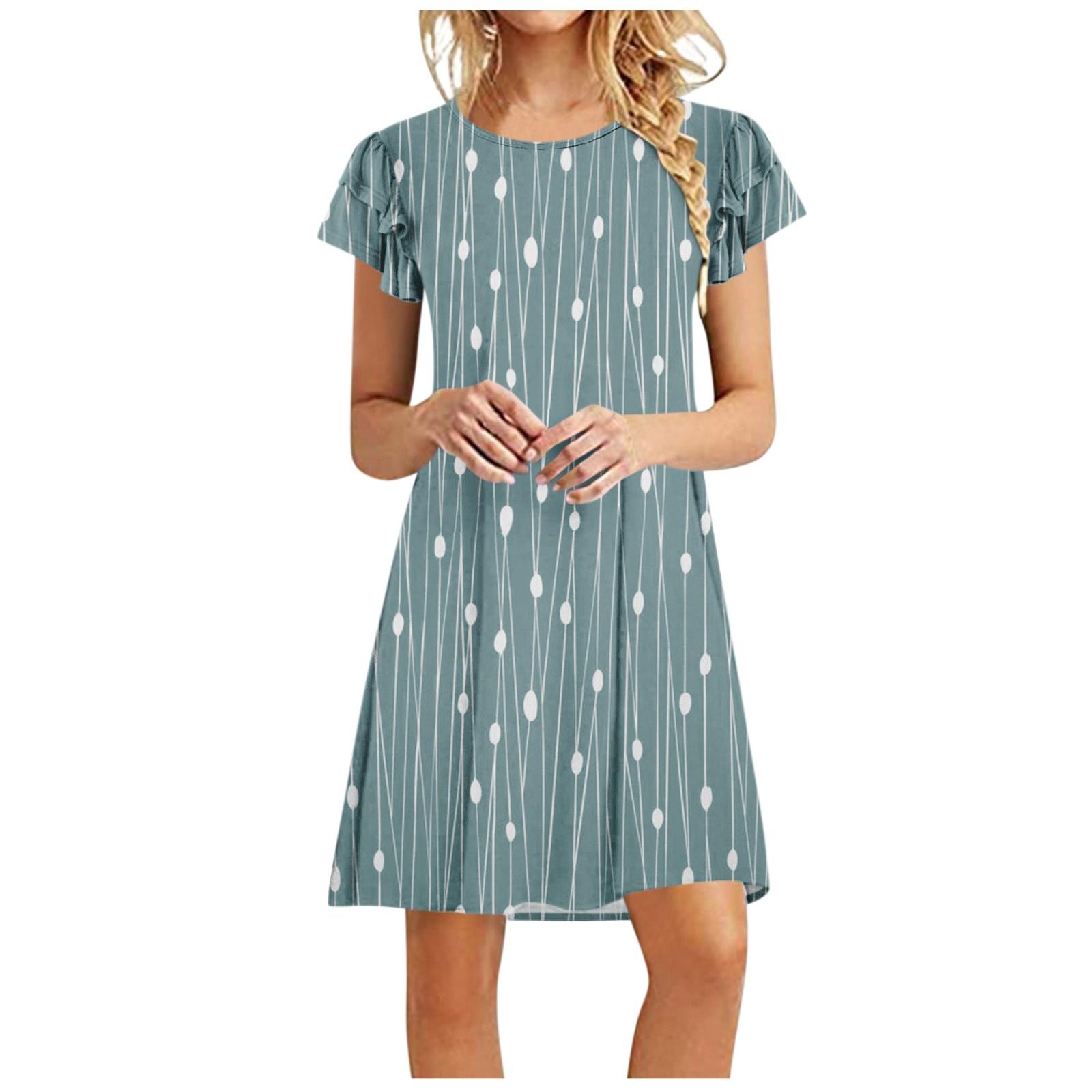 

Женское летнее винтажное свободное платье с баской и короткими рукавами с круглым вырезом и принтом M