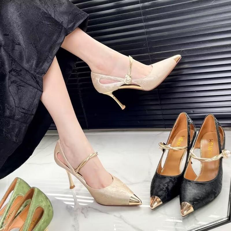 Novos sapatos de verão da moda com bico fino e pérolas, sandálias sensuais femininas, salto alto, sapatos de banquete