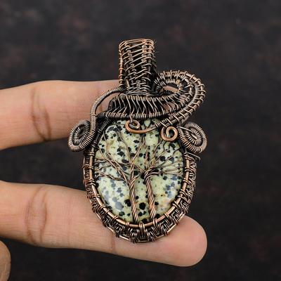 Ciondolo Albero della Vita Diaspro Dalmata Filo di Rame Avvolto Ciondolo Pietra Preziosa Gioielli in Rame Ciondolo Fatto a Mano Gioielli di Design Regalo per Donne