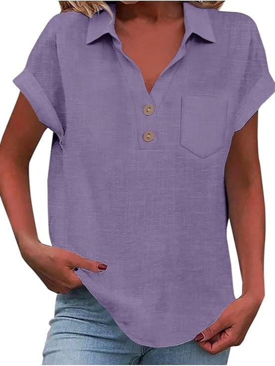 European Women's Cotton Linen Short Sleeve Lapel Button Shirt
