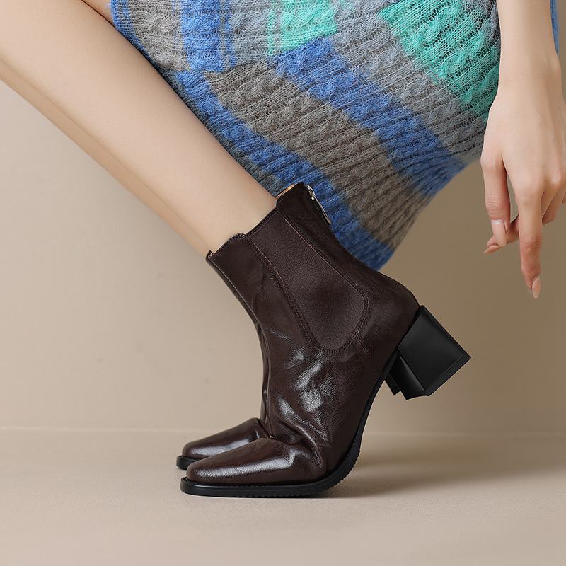 Krazing Pot Sheep Skin Square Toe Winter Med Heels Chelsea Boots Women Zipper Retro Fashion Leisure Ankle Boots