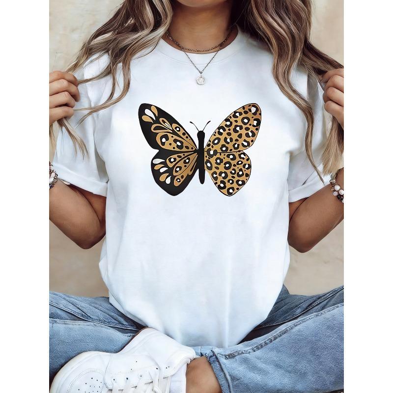 Plus Size, Women s Plus Size Leopard Print Butterfly T-Shirt - Short Sleeve Crew Neck Blouse 2XL белый