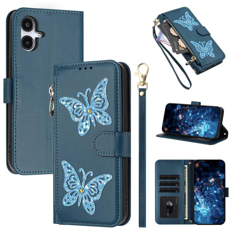 Glitzer Schmetterling Reißverschluss Veganes Leder Handyhülle Für Galaxy A07 4G / A06 5G / A06 4G, Kartenhalter Handgelenkschlaufe Stoßfeste Hülle