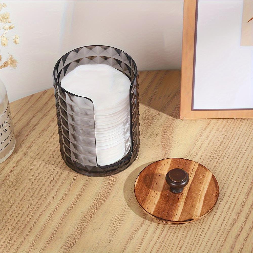1Pcs Cotton Round Holder with Wooden Lid, Cotton Pad Holder Clear Acrylic Makeup Cotton Pad Swab Holder Container Round