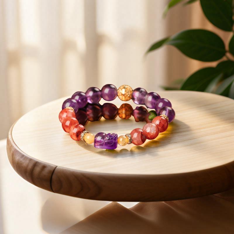 Nine Purple Fire Amethyst Pixiu Bracelet for Women, Bringing Fortune and Wealth, Red Agate Flower Bracelet Amethyst