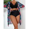 High Waist Textured Bikini Set with Tropical Floral Cover Up
