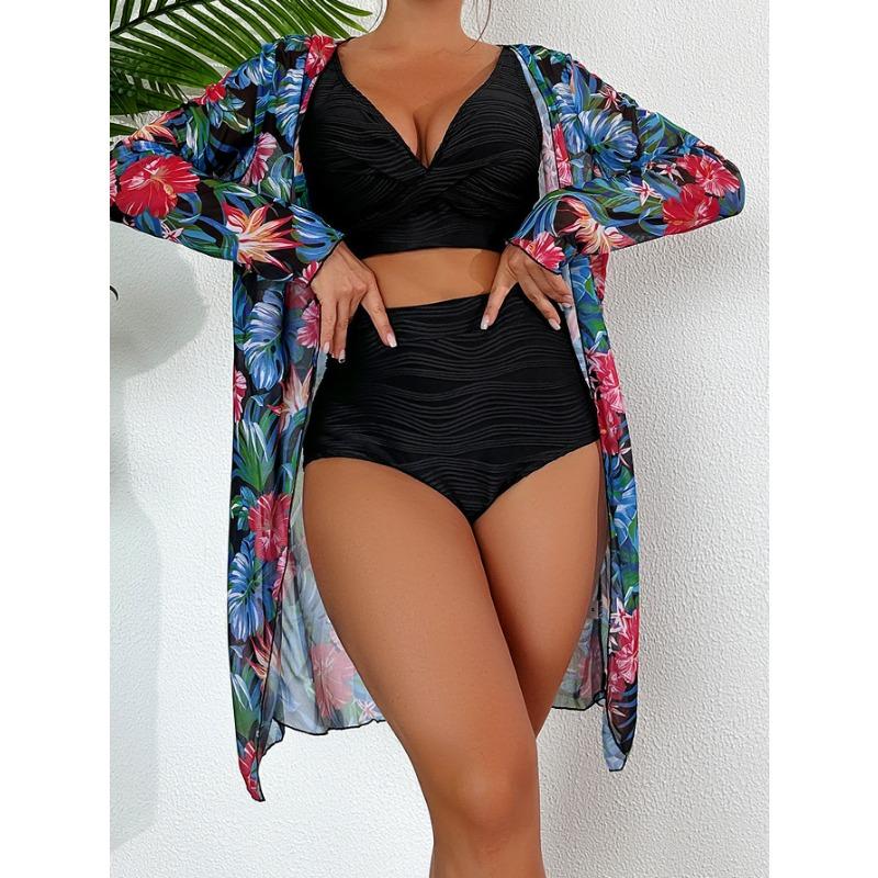 

High Waist Textured Bikini Set with Tropical Floral Cover Up S