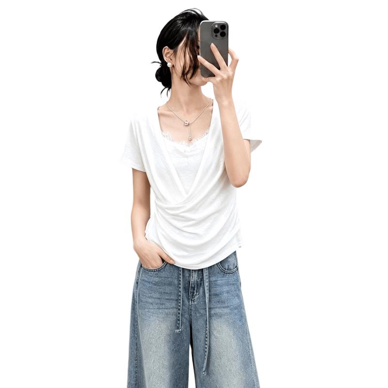 La Chapelle Women s Crossover Faux Two-Piece T-Shirt M