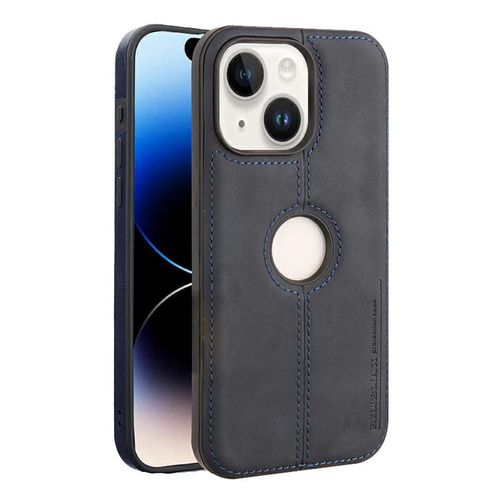 

For iPhone 15 Plus Case Central Axis with Logo Cutout PU Leather+PC Phone Back Cover Blue