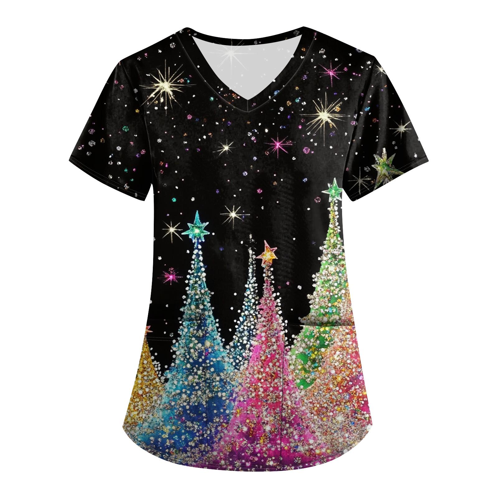 

Большой размер Принтованный скраб Рабочая униформа Топы для женских V-образный вырез с запахом Принт Короткий рукав Веселые футболки Рабочая одежда Футболка с карманами S