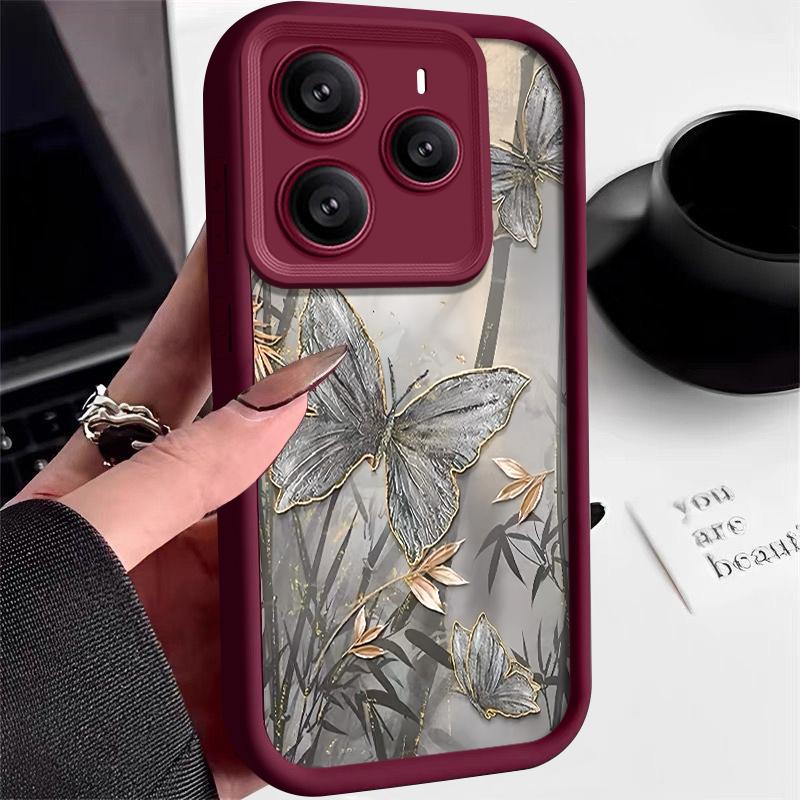 

For Xiaomi Redmi Note 14 Pro 5G Case Butterfly Bamboo Leaf Print TPU Silicone Soft Cover For Funda Redmi Note 11 12 13 Pro 4G ShockProof Cover Fundas Xiaomi Poco X5 Pro вино красного