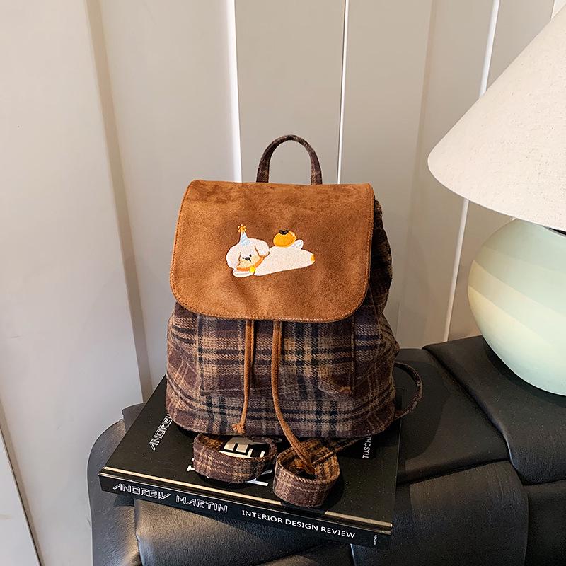 Шикарный клетчатый мультяшный рюкзак для девочек - Милый, универсальный для школы и путешествий коричневый